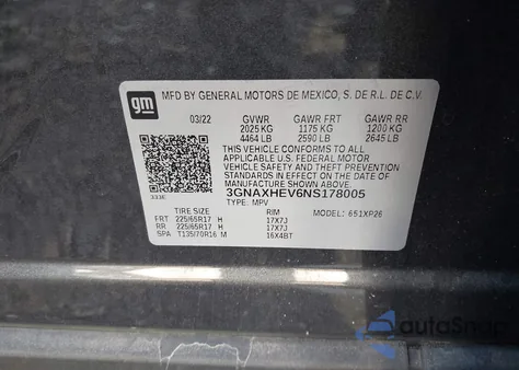 2022 Chevrolet Equinox Fwd Ls из США, поврежденный, VIN 3GNAXHEV6NS178005